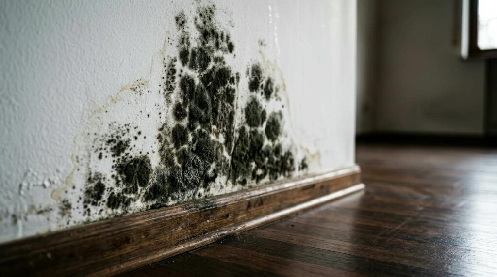 Black mold growing on a white wall near a wooden baseboard in a room with hardwood floors.