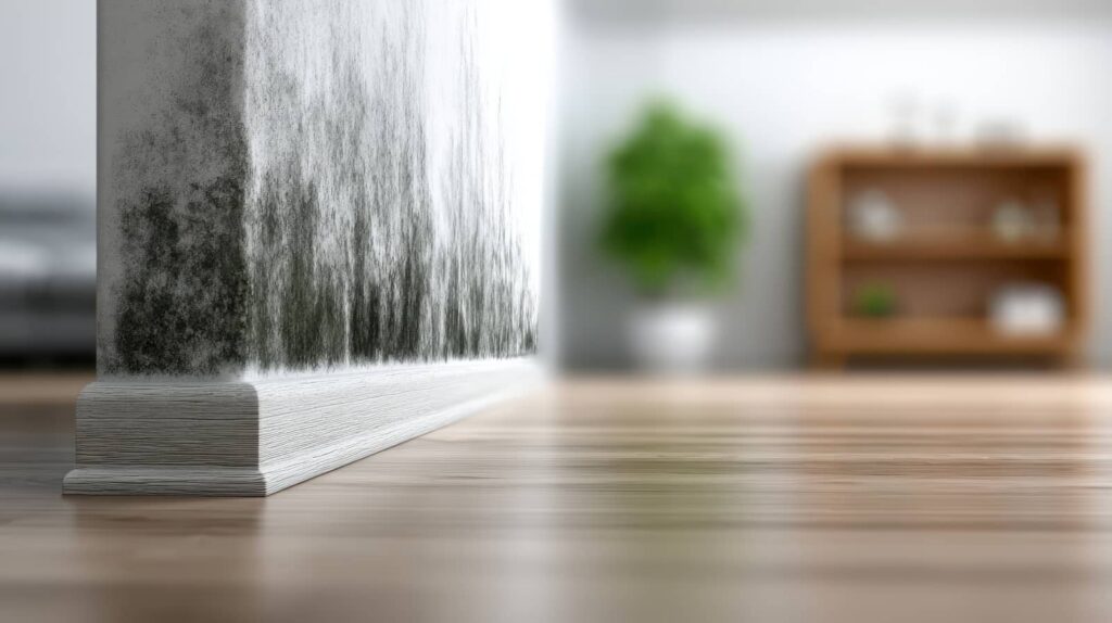 Close-up of a wall corner with black mold growing near the baseboard on a wooden floor.