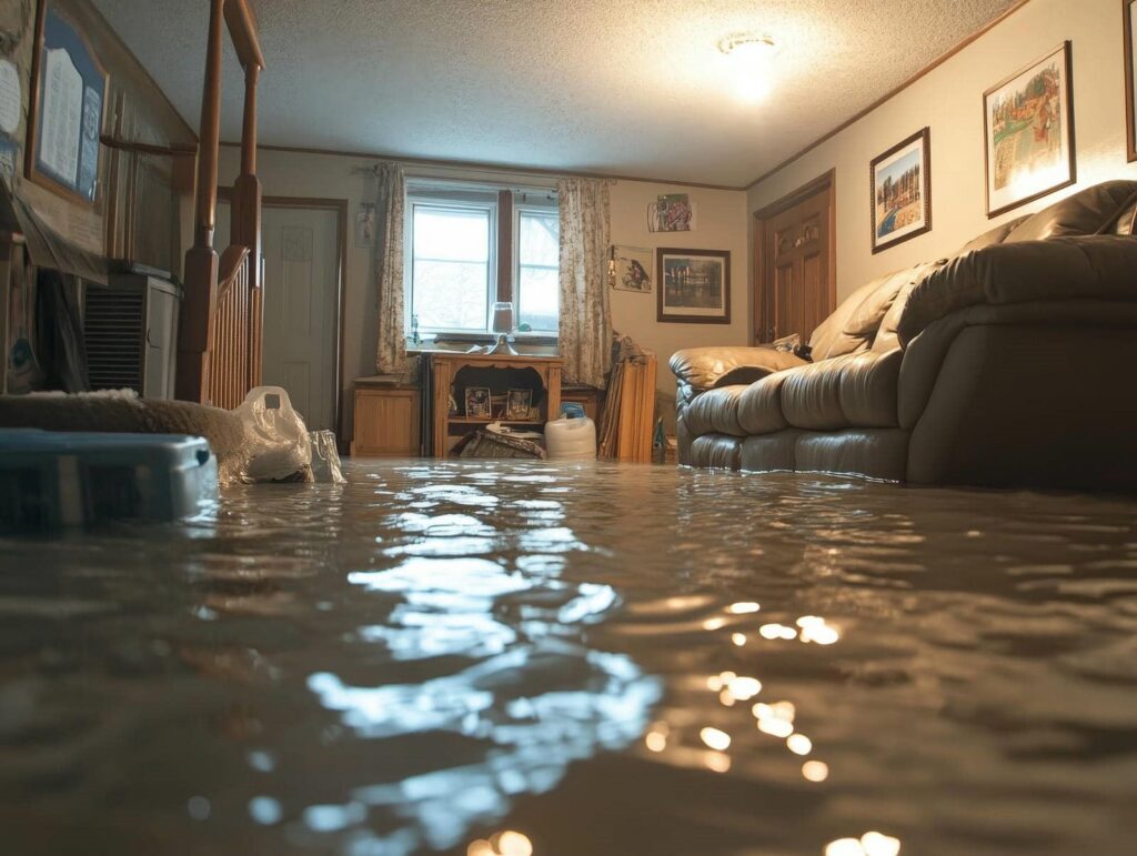 Living room flooded with water nearly covering the floor and reaching the furniture.