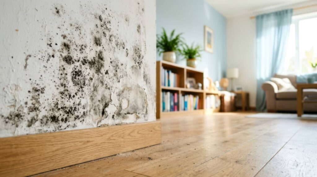 Mold-covered wall in a bright living room.
