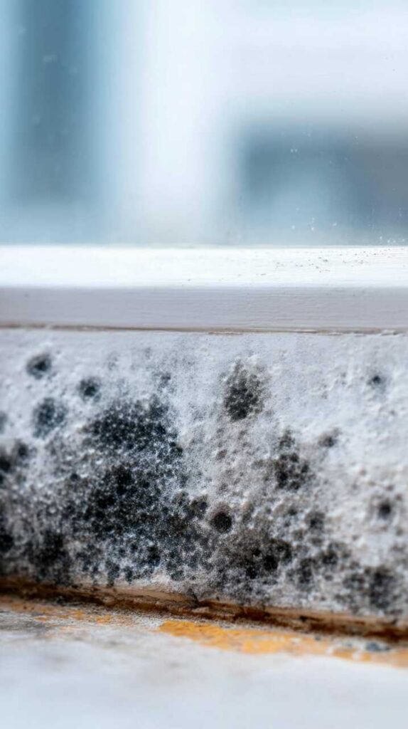 Black mold growth on a white windowsill edge with some rust stains below.