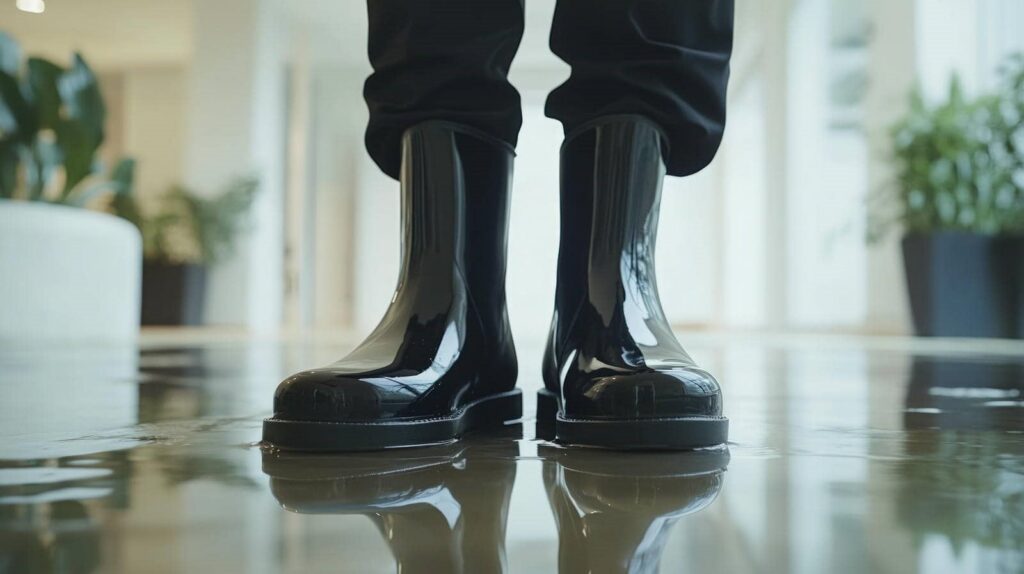 Shiny black rain boots standing on a wet reflective floor indoors.