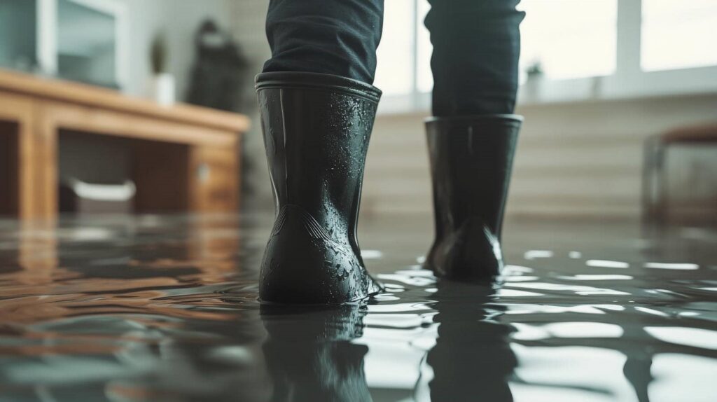 Person wearing black rain boots standing in a flooded indoor room with water covering the floor.