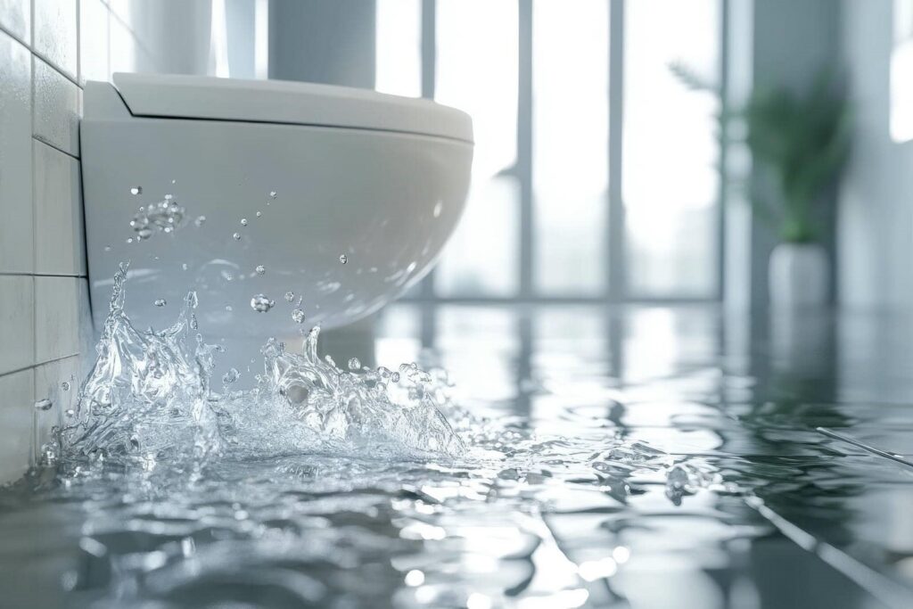 Water splashing on a flooded bathroom floor near a wall-mounted toilet.