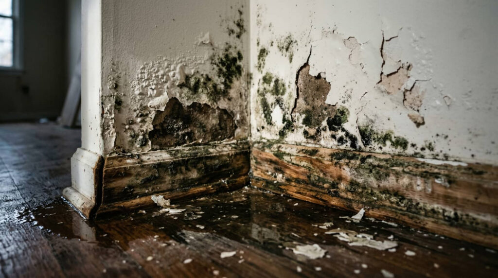 Mold and water damage on a peeling interior wall and baseboard.