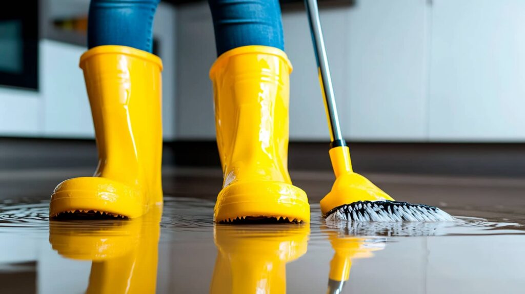 Person wearing yellow rain boots mopping water on a flooded floor.