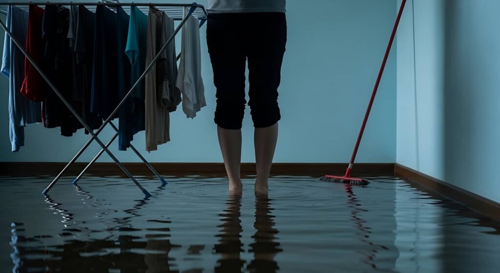 Person standing barefoot in a flooded room with clothes hanging on a drying rack and a broom against the wall.