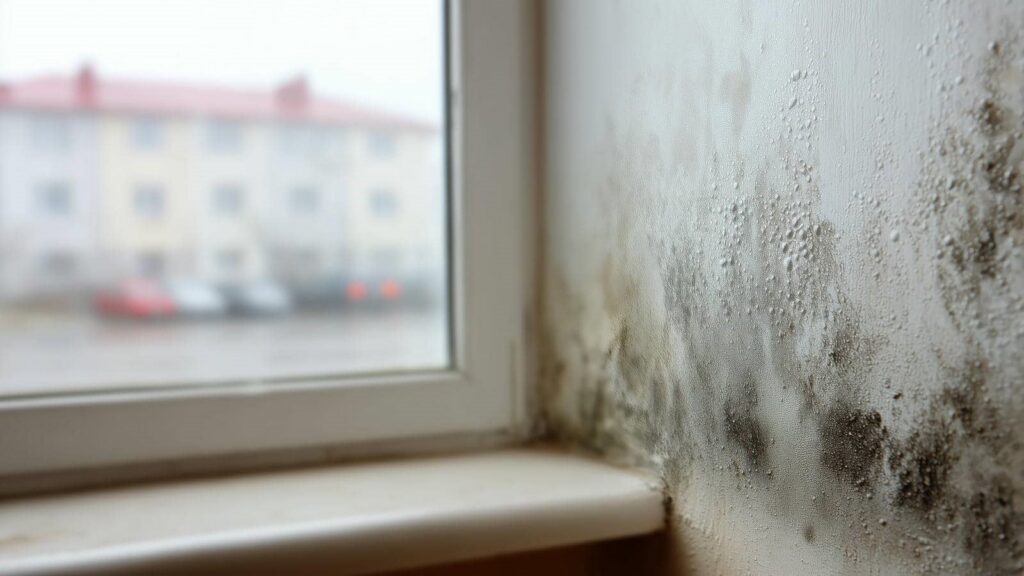 Mold and moisture buildup on an interior wall near a window.