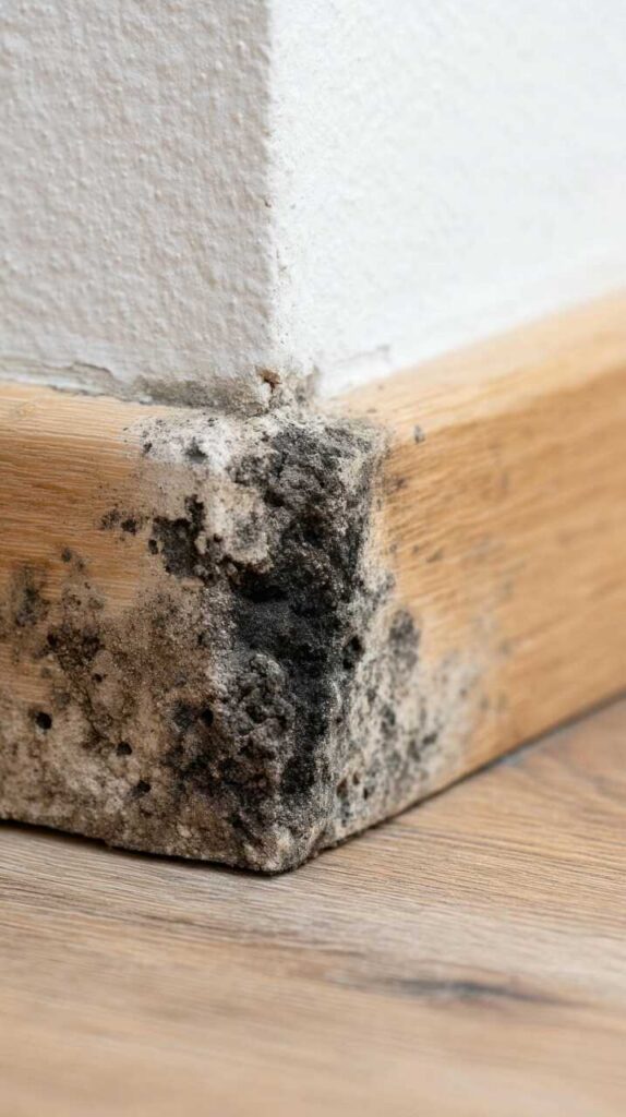 Black mold growing on the corner of a wooden baseboard and white wall.