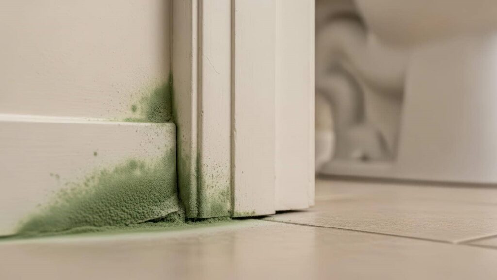 Green mold growing on the baseboard and corner of a white door frame near a tiled floor.