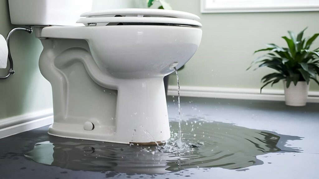 Water leaking from a toilet base forming a large puddle on the bathroom floor.