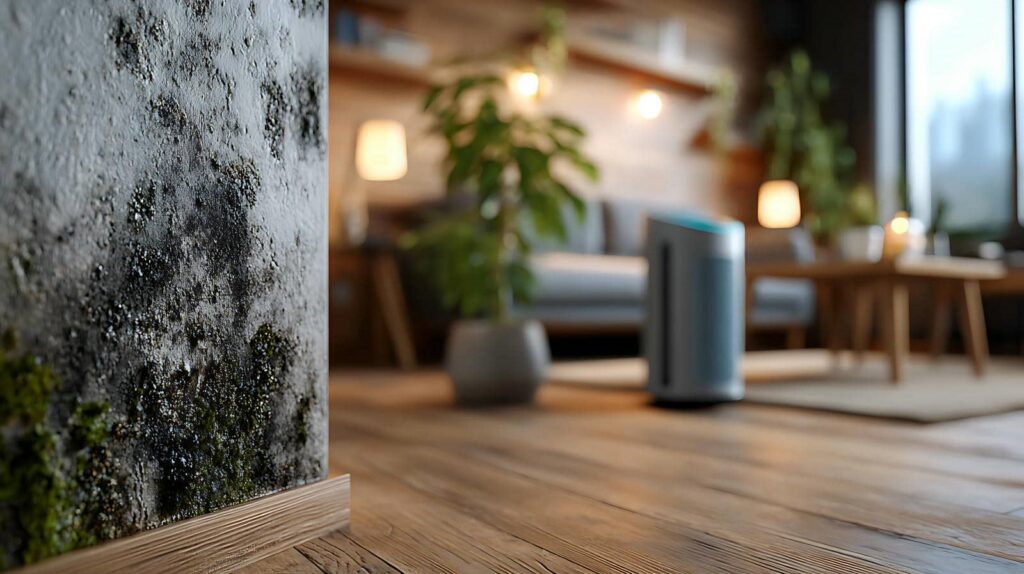 Close-up of mold growing on an interior wall corner with a blurred living room in the background.