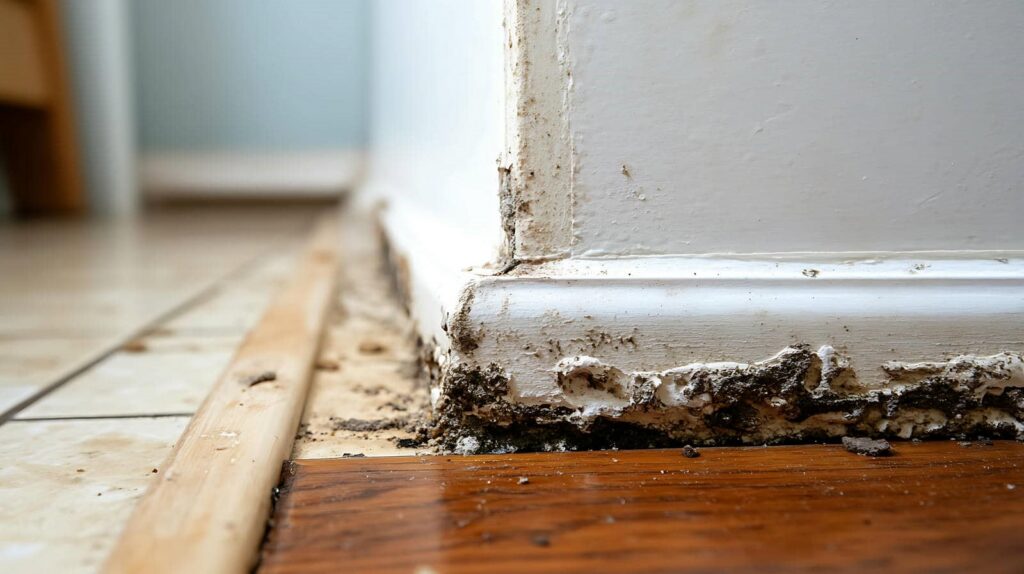 Mold and water damage on the baseboard and corner of a white wall near a wooden floor.