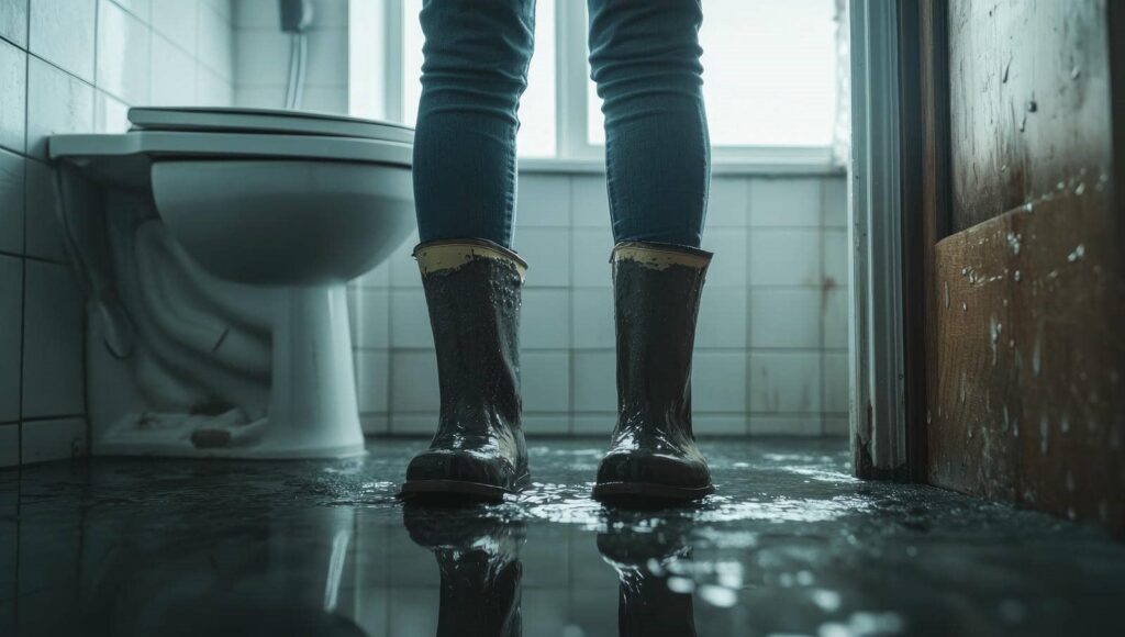 Person wearing rain boots standing in a flooded bathroom with water on the floor.