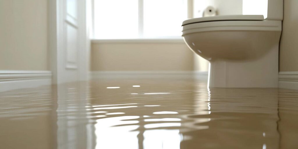 Bathroom floor flooded with water near a toilet.