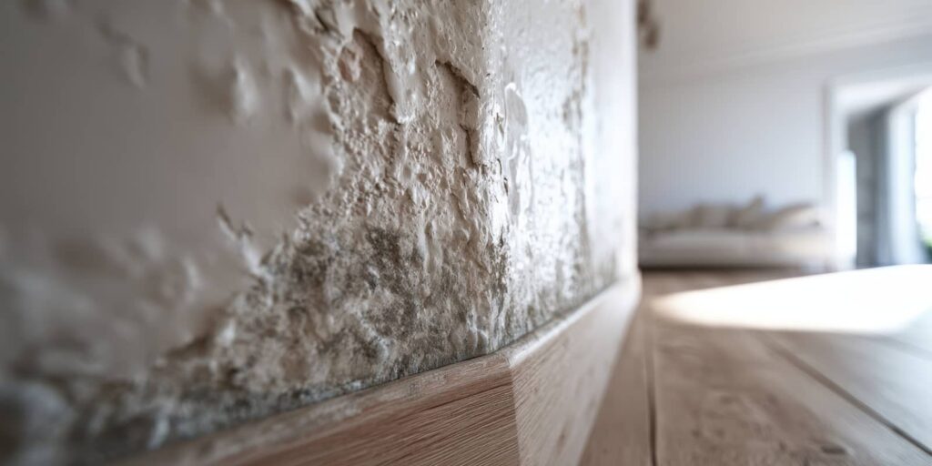Close-up of a wall with peeling paint and mold near the baseboard in a room with wooden flooring.