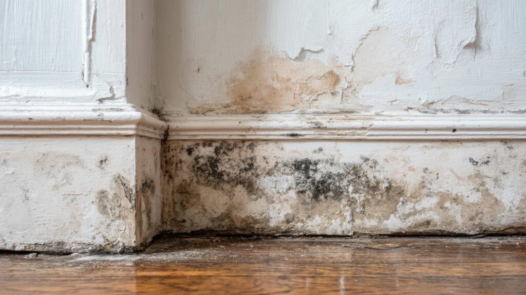 Mold and water damage on the lower part of a white wall and baseboard above a wooden floor.