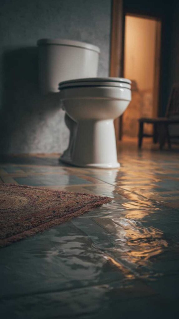 Water flooding a bathroom floor near a toilet and a rug.