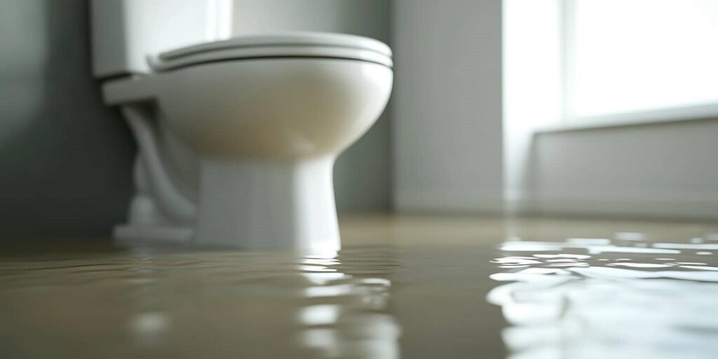 Toilet in a bathroom with water flooding the floor.
