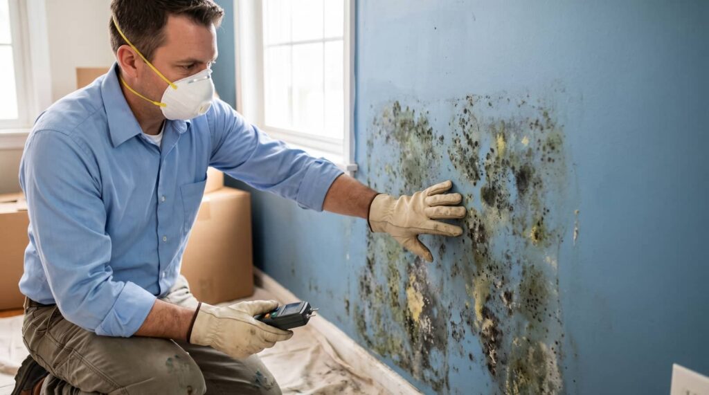 Man wearing mask and gloves inspecting mold on a blue wall with a moisture meter.