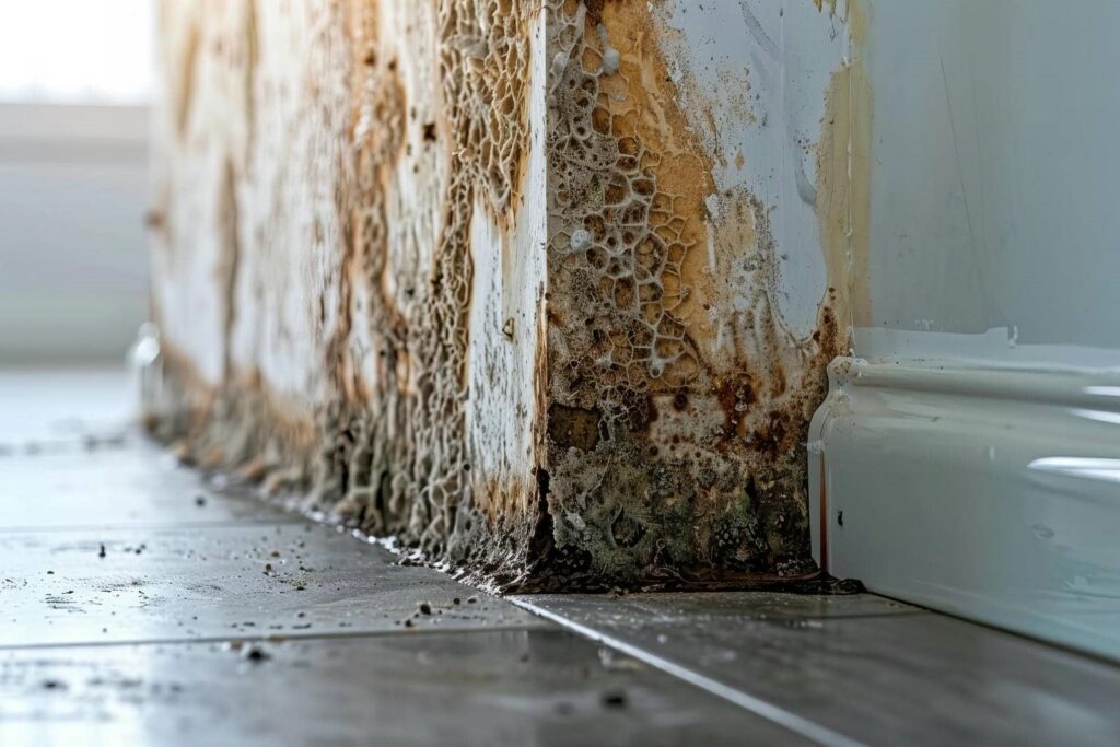 Severe mold and water damage on the lower corner of a wall near a tiled floor.