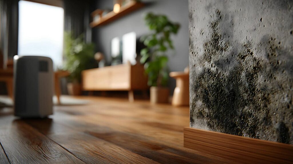 Close-up of mold growing on an indoor wall near a wooden floor in a living room.