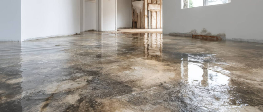 Flooded room with standing water on the floor.