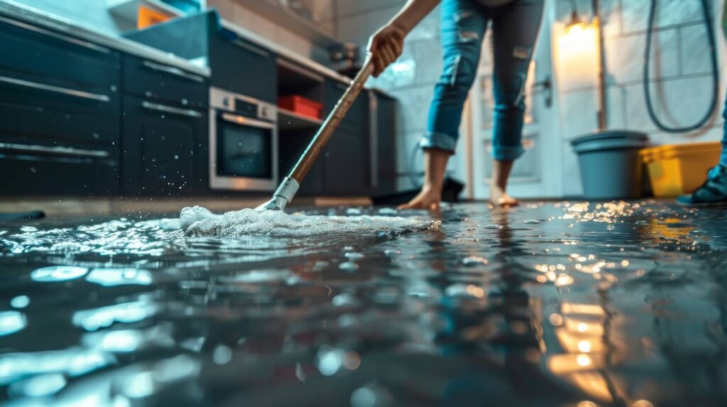 Person mopping a flooded kitchen floor with soapy water.
