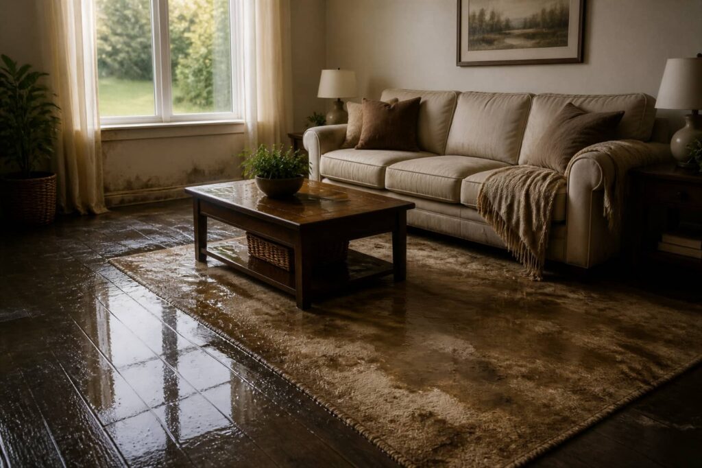 Living room with a beige sofa, coffee table, and wet floor.