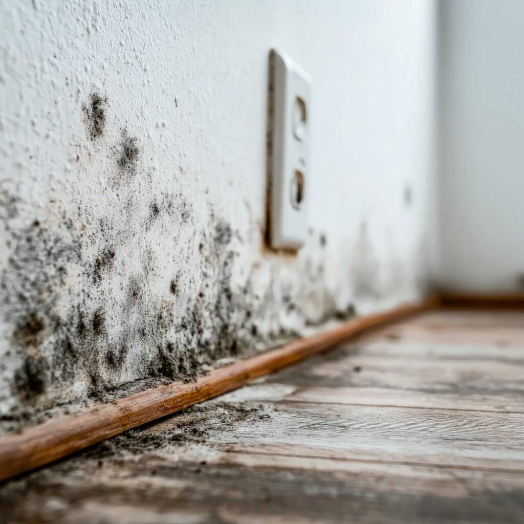 Black mold growing on a white wall near the baseboard and floor.