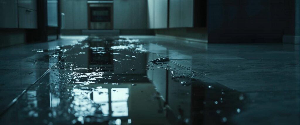 Water spilled across a tiled kitchen floor with reflections of cabinets and a window.
