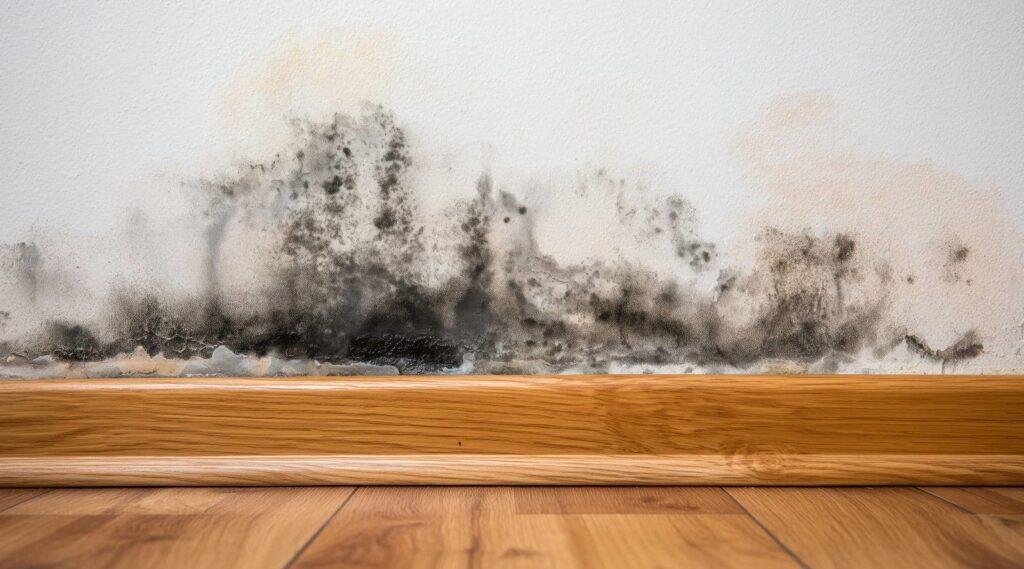 Black mold growth on a white wall above a wooden baseboard and floor.