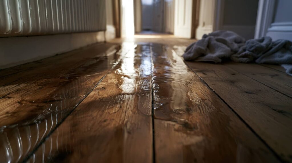 Water flooding a wooden hallway floor.