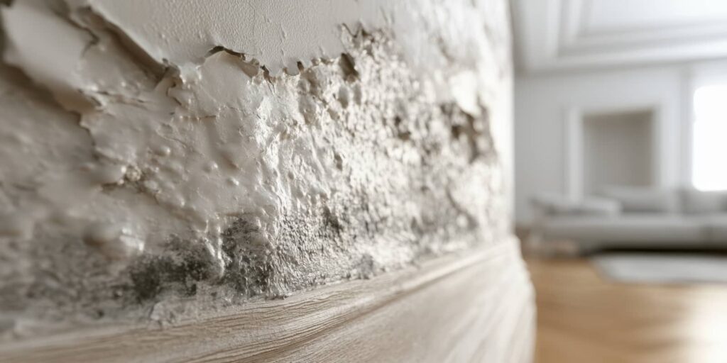Close-up of a wall with peeling paint and mold near the baseboard in a living room.
