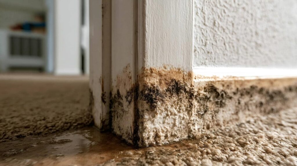 Mold and water damage on the bottom corner of a white door frame and carpet.
