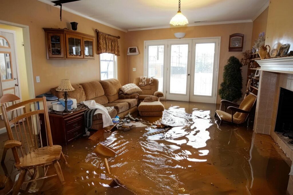 Living room flooded with muddy water, partially submerged furniture and scattered debris.