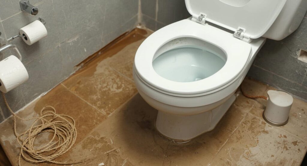 Toilet bowl with open lid on a wet, dirty tiled floor with a coiled rope and two toilet paper rolls nearby.