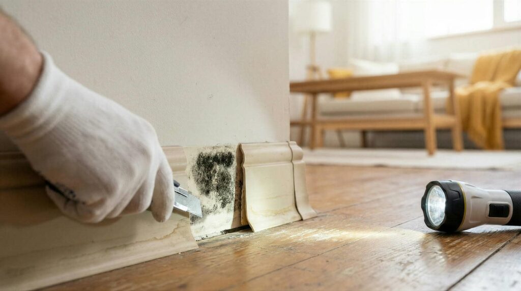 Hand in white glove scraping mold from wall behind removed baseboard with a flashlight on wooden floor.