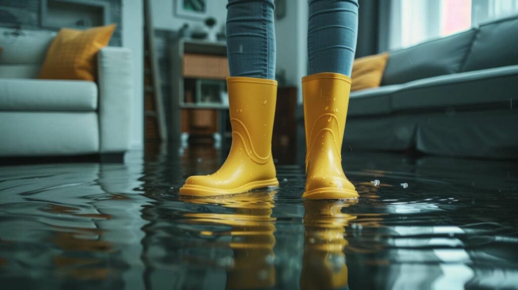 Person wearing yellow rain boots standing in a flooded living room with water covering the floor.