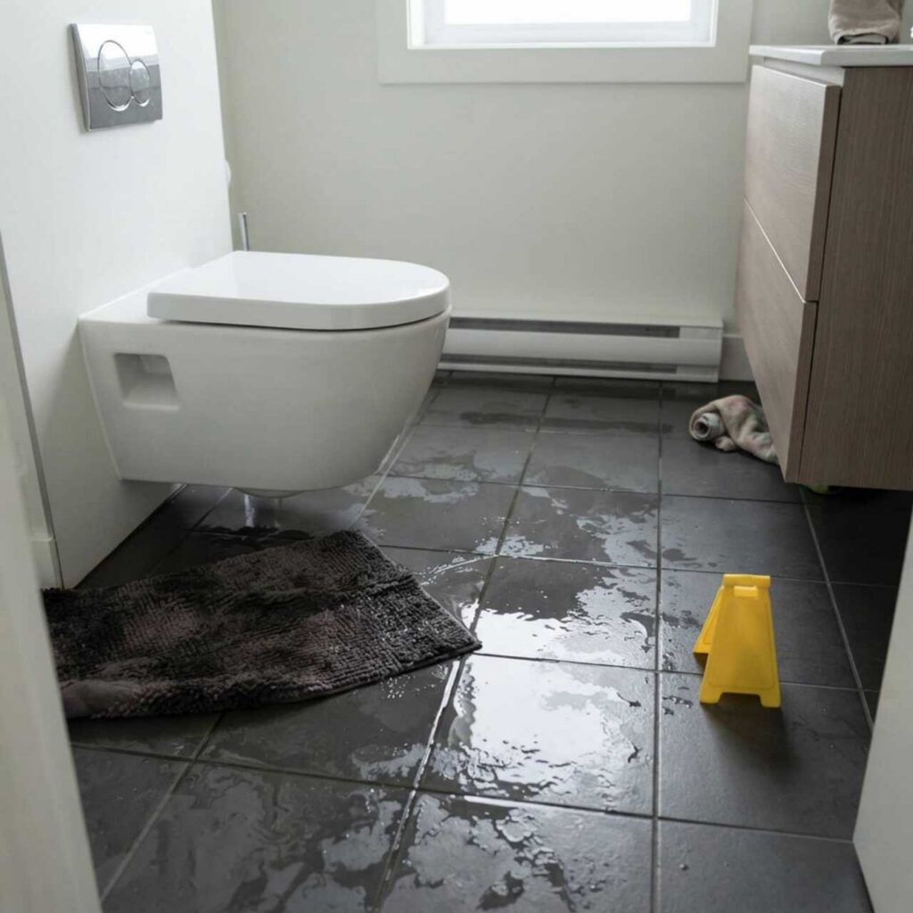 Wet bathroom floor with a wall-mounted toilet, dark bath mat, and a small yellow caution sign.