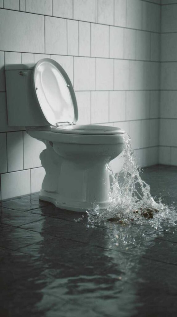 Toilet overflowing with water flooding the tiled bathroom floor.