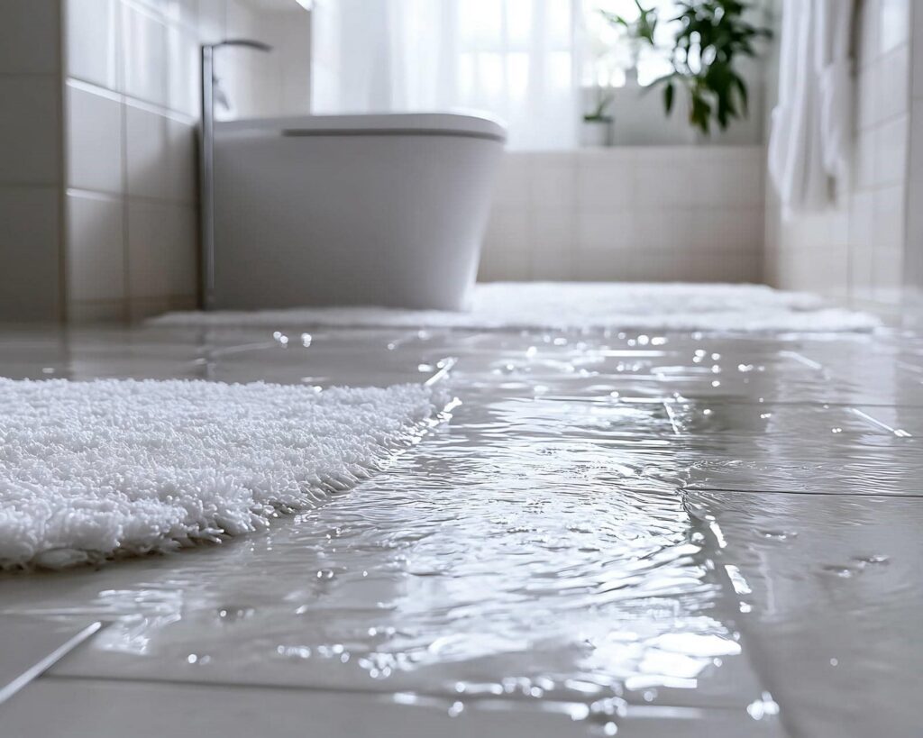 Water flooding a bathroom floor near a white bath mat and toilet.