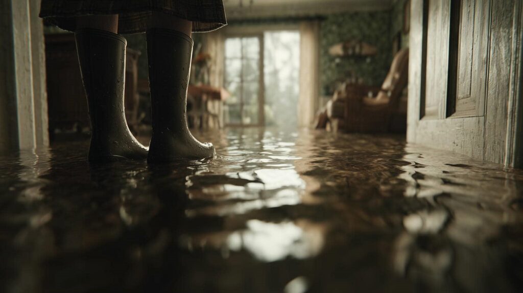 Person wearing black rain boots standing in a flooded room with water covering the floor.