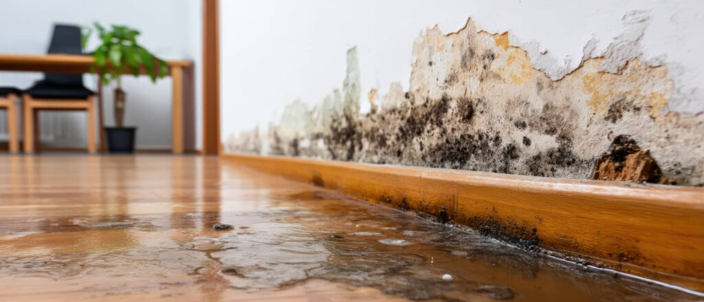 Water-damaged wall with mold and wet hardwood floor.