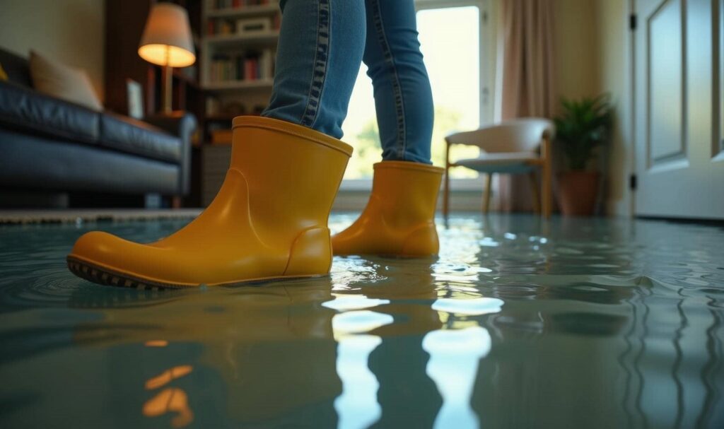 Person wearing yellow rain boots standing in a flooded living room with water covering the floor.