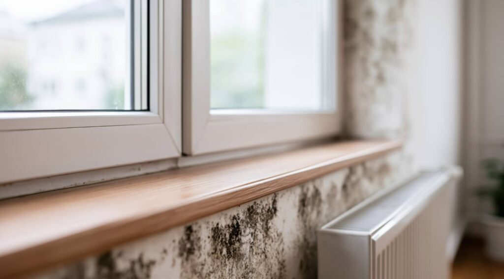 Mold growing on a wall below a window and radiator.