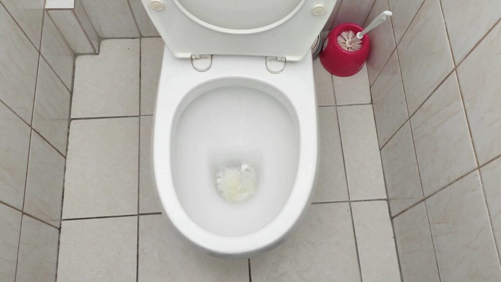 White toilet bowl with open lid and a red toilet brush holder on tiled floor and walls.