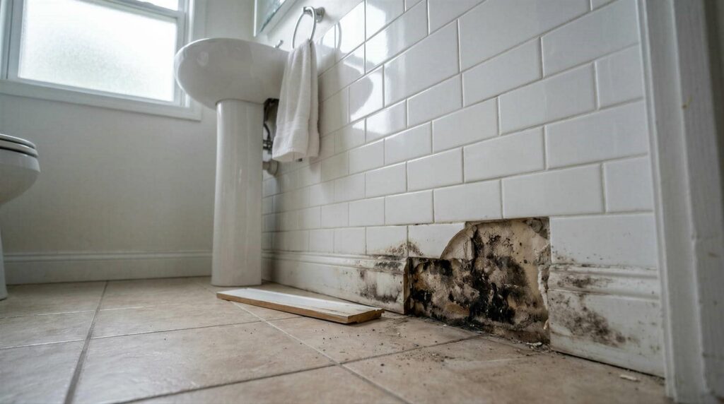 Mold damage on lower bathroom wall tiles near a pedestal sink and towel ring.
