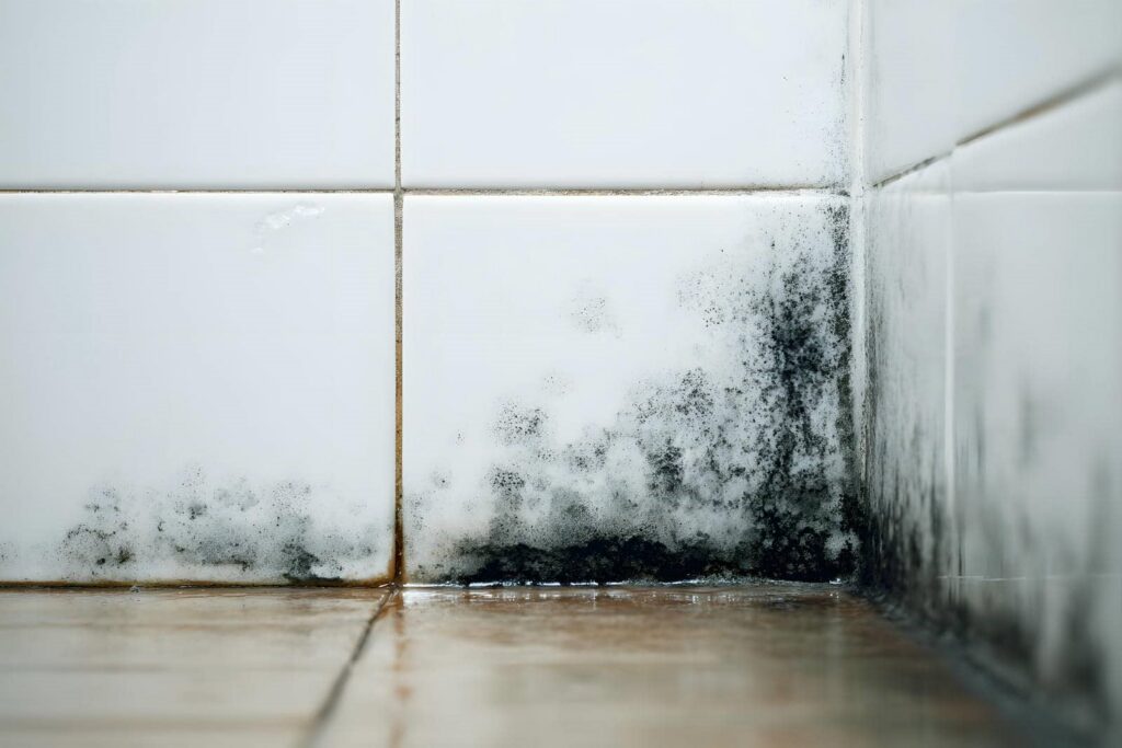 Black mold growing on the corner of white tiled walls and floor.