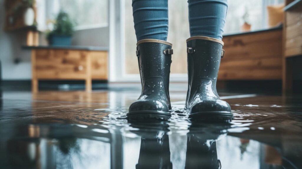 Person wearing rain boots standing in a large indoor water puddle.